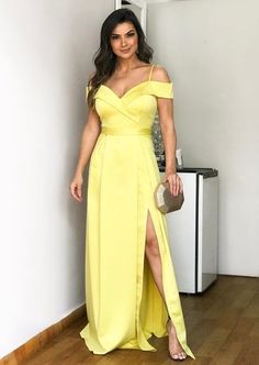 Yellow Prom Dress With Slit , Off The Shoulder Formal Dress cg6169