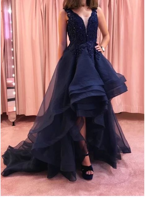 Dark blue v neck lace high low prom dress, evening dress cg6172