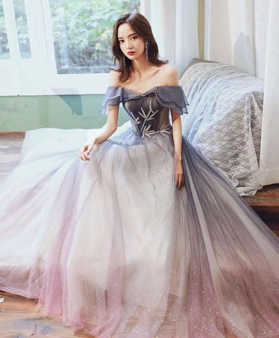 Simple Tulle Off Shoulder Prom Dress Blue Tulle Long Evening Dress cg6173