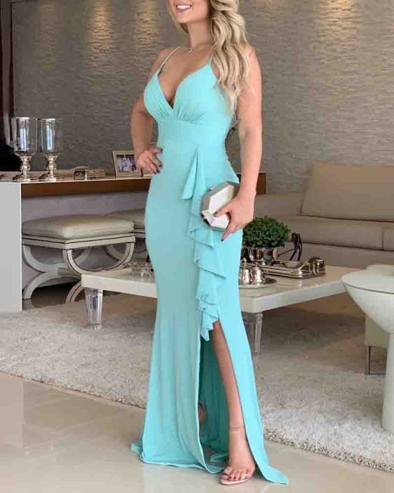 Spaghetti Strap Ruffles Slit prom Dress cg6180