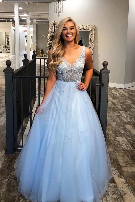 Light Sky Blue A-line Beading Prom Dresses cg6184