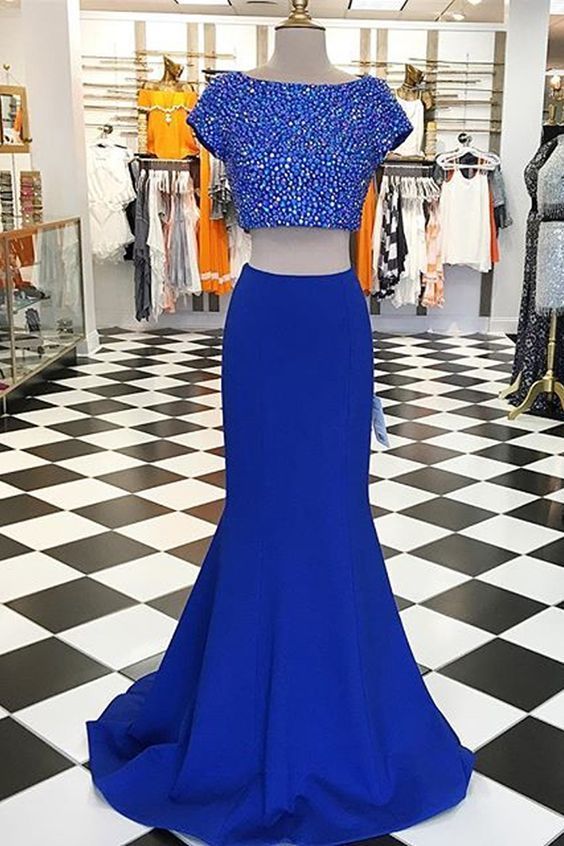 Royal blue chiffon round neck sequins two pieces long prom dresses cg6188