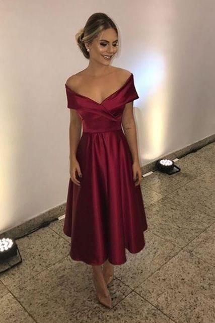 Burgundy Off The Shoulder Party Dress Tea Length prom Dress cg6195