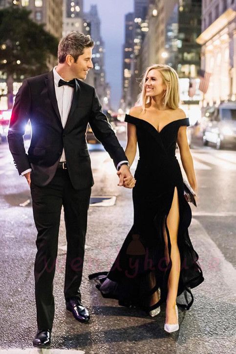 Off the Shoulder Black Mermaid Split Long Prom Dress cg6215