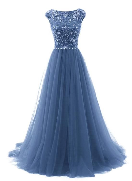 Beautiful Blue Round Neckline Beaded A-Line Party Dresses, Long Formal prom Gowns cg6218