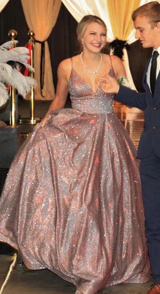 Rose Gold V Neck Long Prom Dress Glitter Evening Dress cg6222