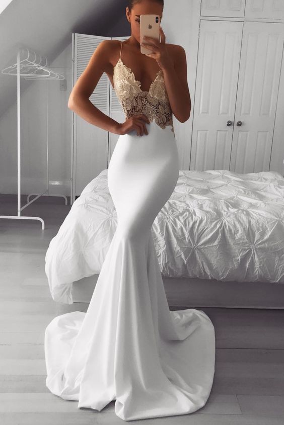 mermaid white formal gown with gold lace bodice and deep v neckline, perfect for prom 2020 night cg6267