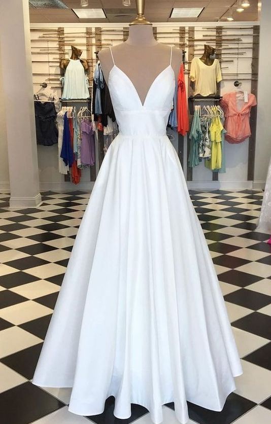 Simple A-Line V Neck White Prom Dresses,Satin Long Formal Dresses cg6292