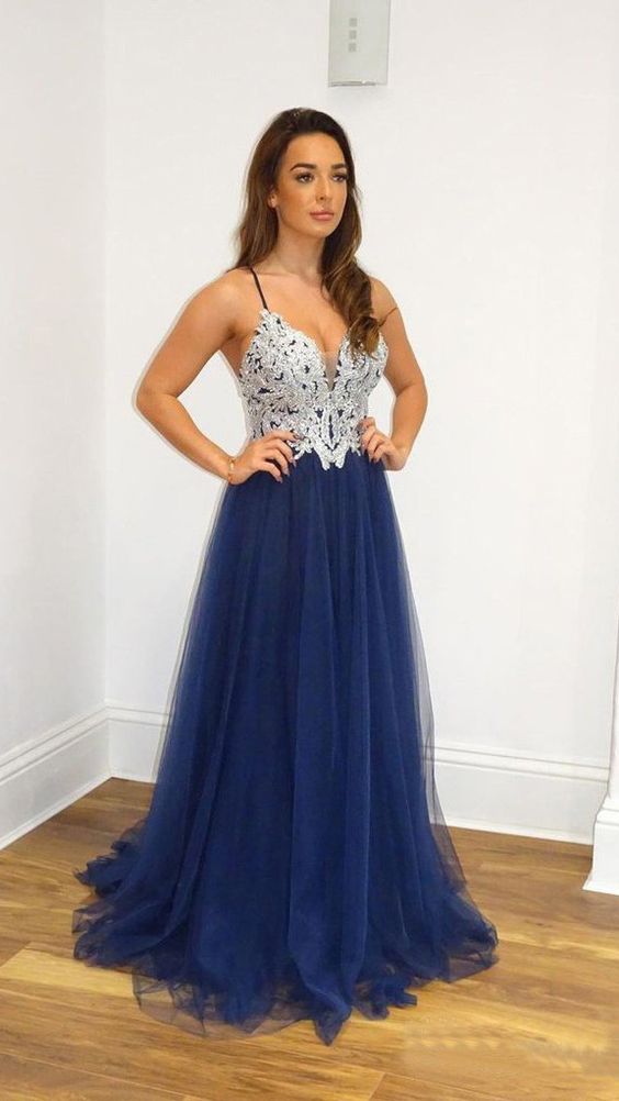 A Line Navy Blue Tulle Prom Dresses Spaghetti Straps Long Prom Gown cg6297