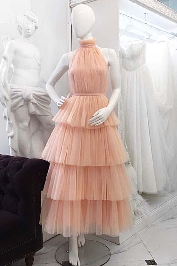 Pink Tulle Backless Layered Backless Prom Dress, O Neck Party Dress cg6305