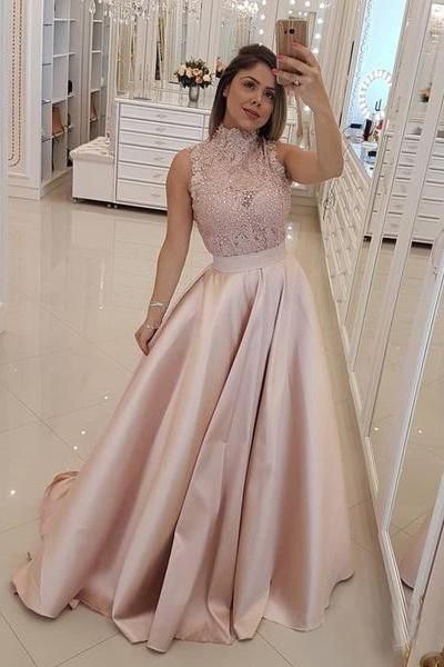 High Neck Prom Dresses A Line Satin Appliques cg6311