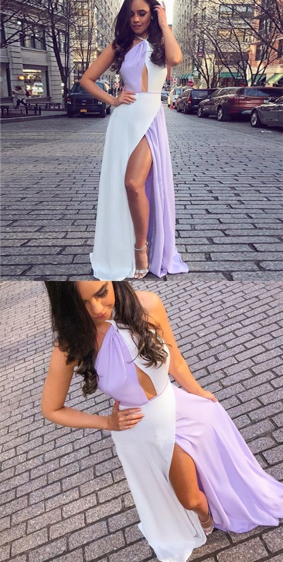 A-Line Halter Backless Keyhole Patchwork Long Prom Dress cg6321