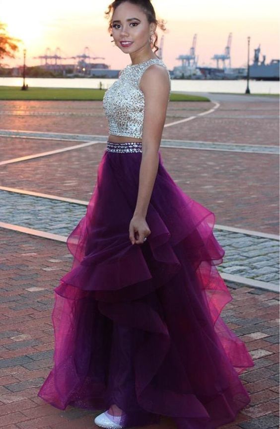 Two Pieces Sequined Ball Gown Open Back Evening Prom Dresses Grape Beading Quinceanera Dress Long cg6328