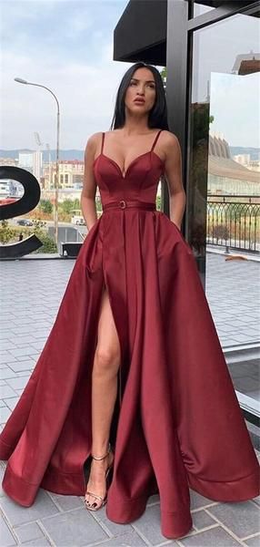 A-line Floor-length Spaghetti Straps V-neck Long Prom Dresses With Split cg6341