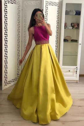 Stunning A Line Satin Yellow Beaded Sleeveless Long Prom Dresses cg6349
