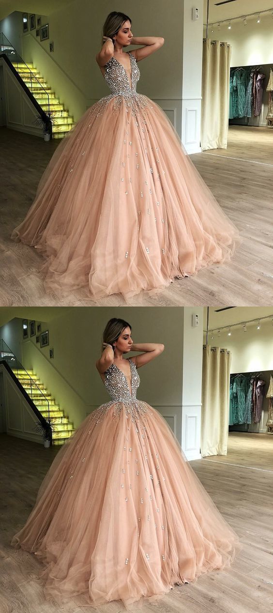 Ball Gown Deep V-Neck Low Cut Champagne Quinceanera Dress with Beading , sparkly prom dress  cg635