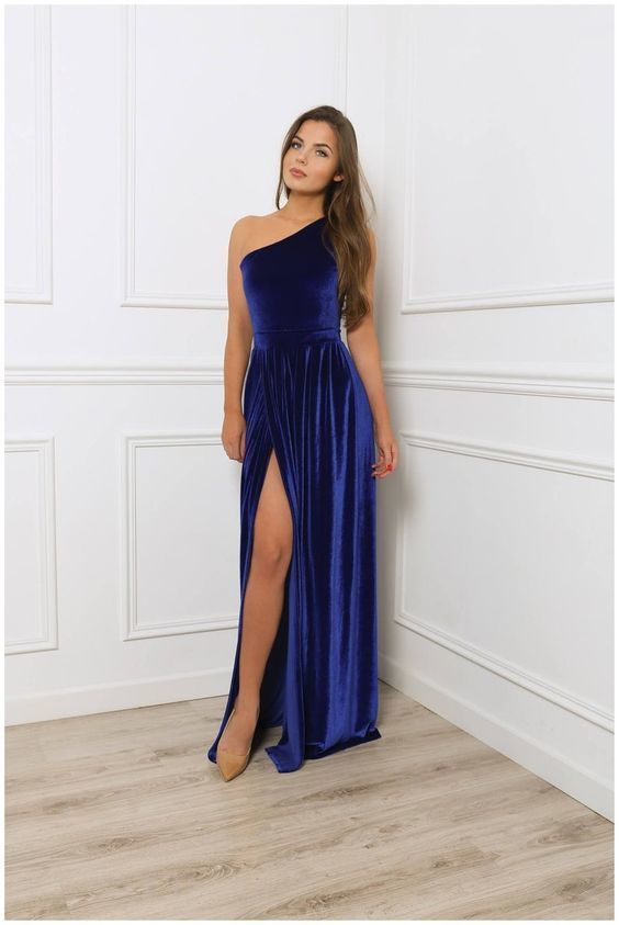 One Shoulder Royal Blue Velvet Prom Dress cg6358