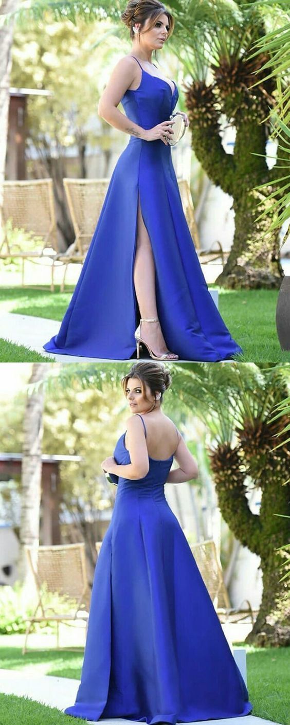 Spaghetti Straps Royal Blue Satin Prom Dress cg6363