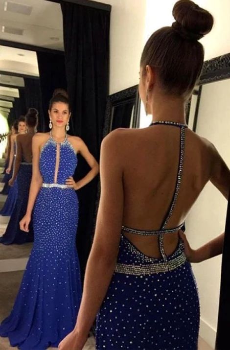 Halter Backless Sequins Long Satin Prom Dresses Evening Dresses cg6364