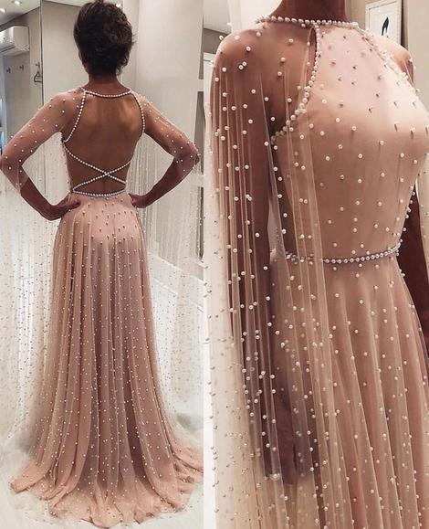 Chic A-line Long Sleeve Prom Dresses Beading Pink Long Evening Dress cg6369