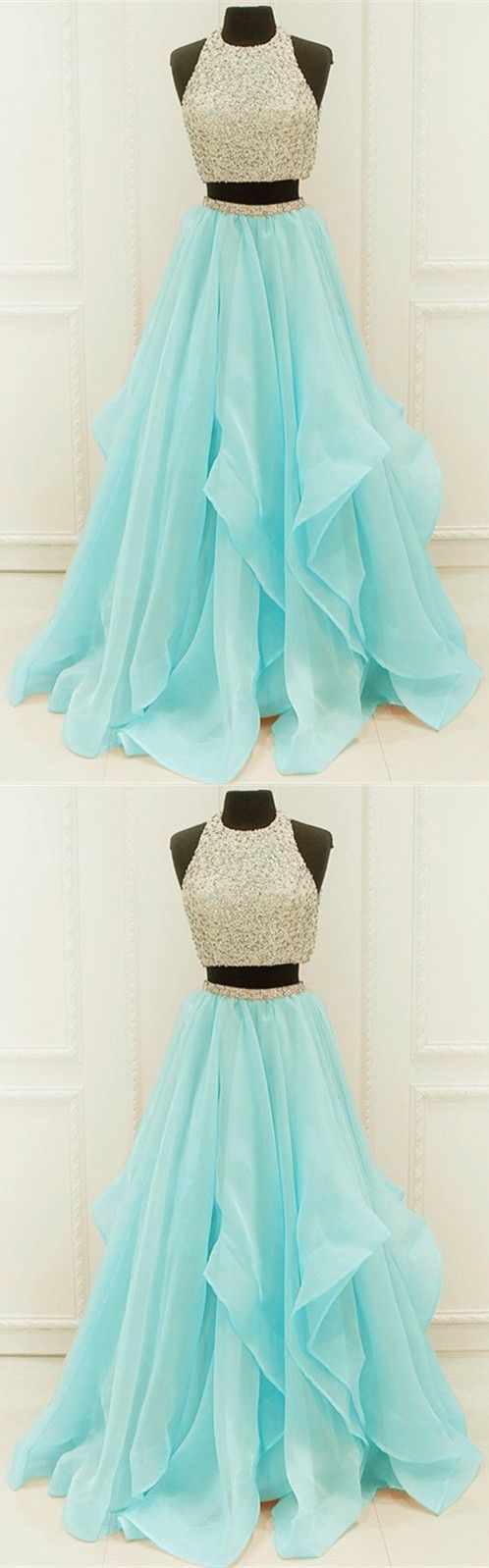 Chic Organza Ruffles Two Piece Prom Dresses With Sequins And Beads cg6374