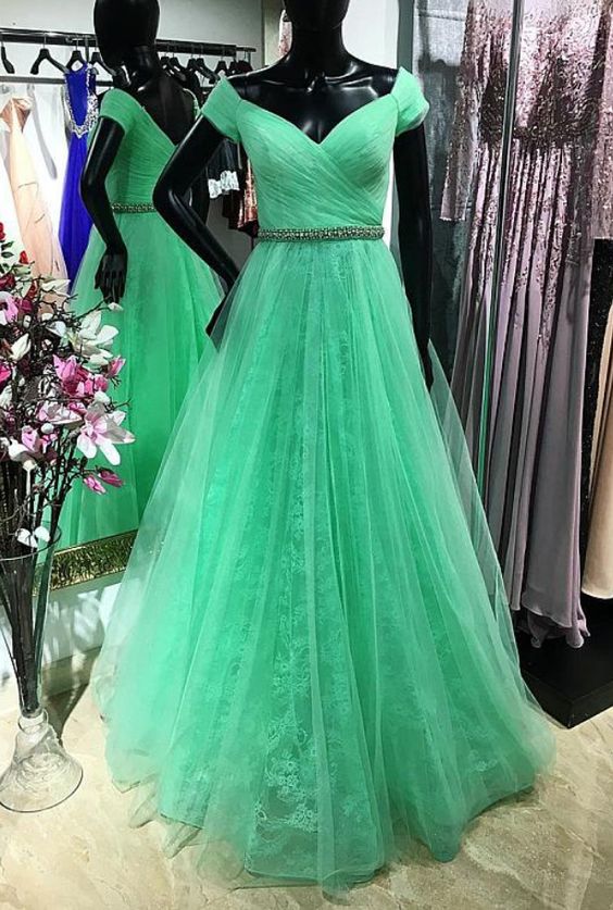 Exquisite Tulle Off-the-shoulder Neckline Floor-length A-line Prom Dresses cg6407