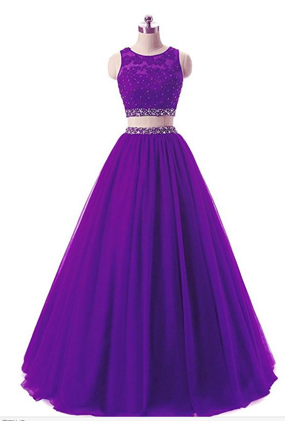 Charming Prom Dress,Two Piece Tulle Prom Gown,Purple Evening Dress cg6408