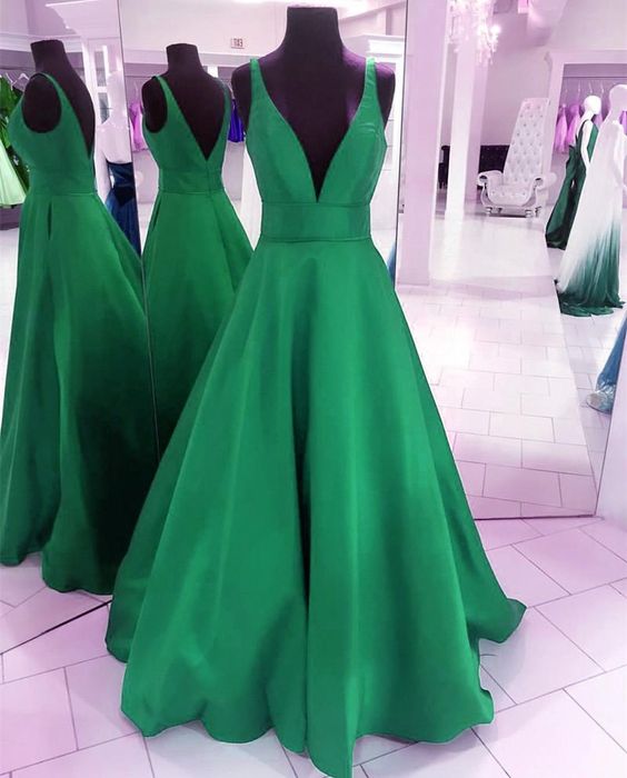 Deep V-neck Long Satin Floor Length Ballgowns Prom Dresses cg6420