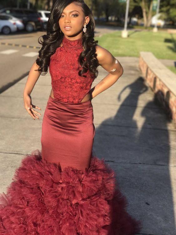 Charming Mermaid Burgundy Backless Ruffles High Neck Prom Dresses cg6421