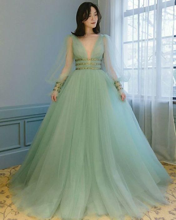 Green tulle prom dress deep v neck party dress puffy sleeves A-line gown cg6434