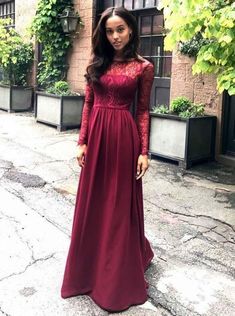 Prom Dresses Classy, Round Neck Dark Red Chiffon Dress with Lace Sleeves cg6447