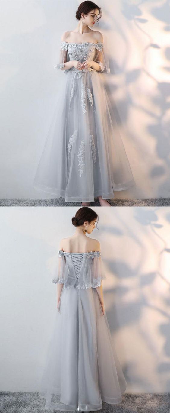 Gray tulle lace long prom dress, lace evening dress cg6457