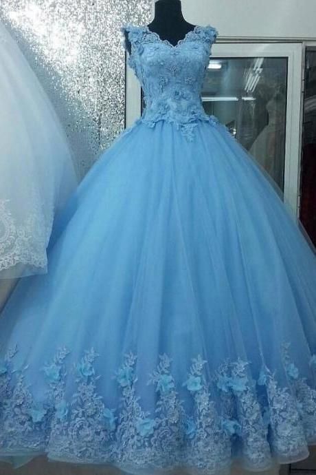 Sky Blue Prom Dresses V Neck Lace Appliques cg6496
