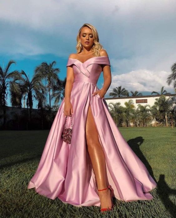 Pink Off the Shoulder Prom Dresses,A-line Satin Evening Dresses cg6506