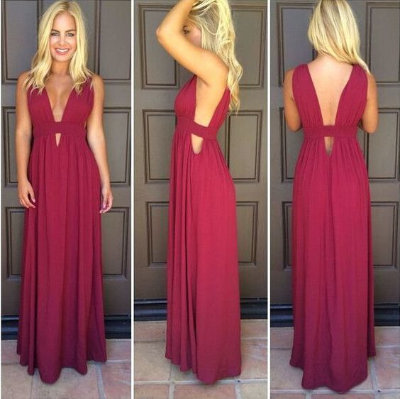 Prom Dress A-line Dark Red Deep V-neck Backless Chiffon Long Prom Gowns cg6535