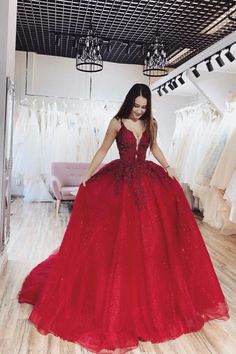 Princess A Line Deep V Neck Red Long Prom/Evening Dress Appliques cg6555