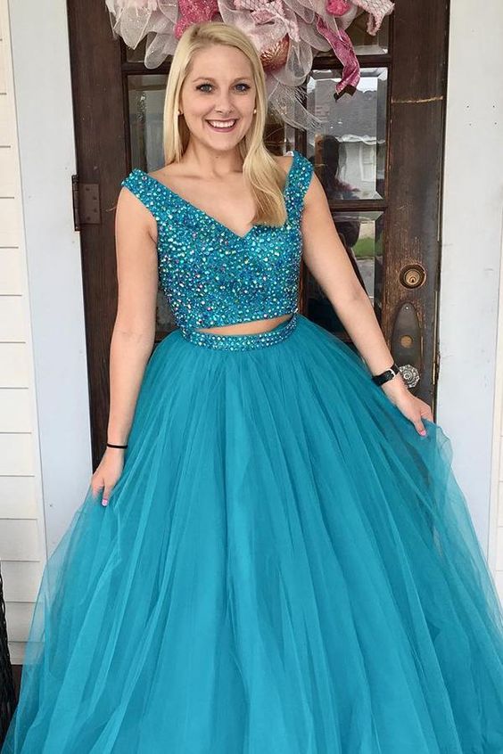 Two Piece Turquoise Beaded A Line Tulle Prom Dress cg6557