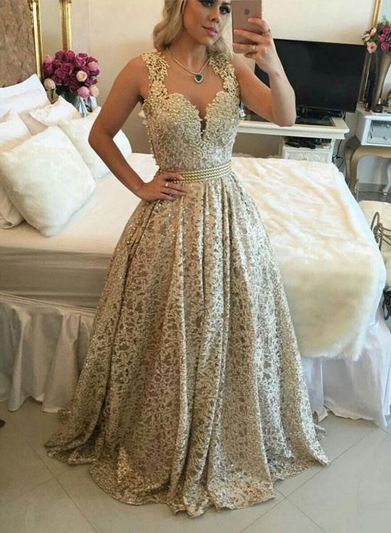 Stylish Gold Lace Long Prom Dresses Beaded Evening Dresses A-Line Formal Dresses cg6570