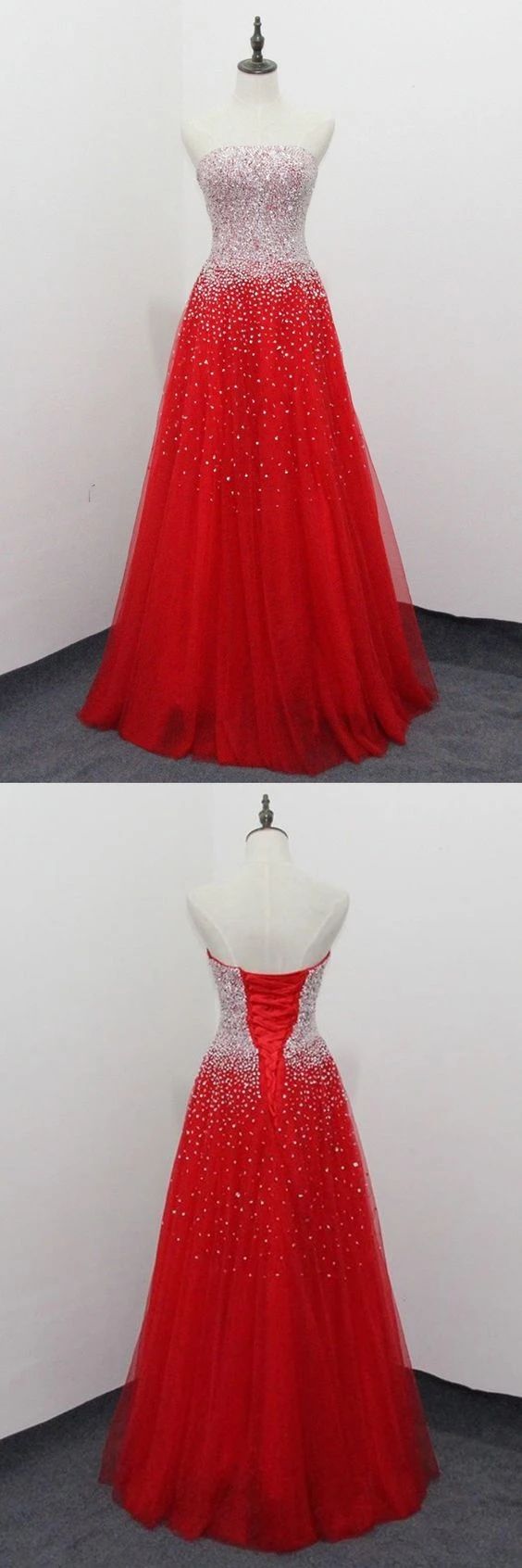 Red Sweetheart Long Tulle Prom Dresses with Beadings cg6589
