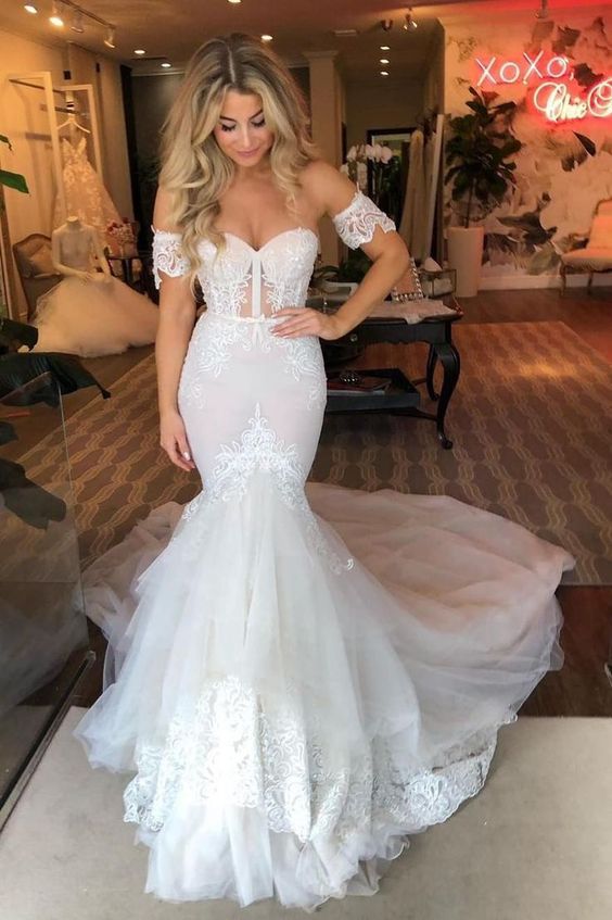 Mermaid Sweetheart Lace Court Train White Wedding prom Dress cg6590