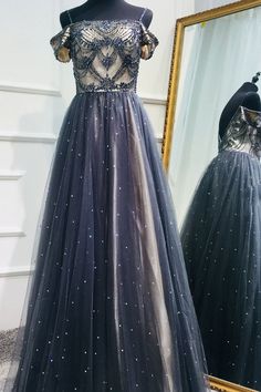 Dark blue tulle sequin beads long prom dress, tulle evening dress cg6598