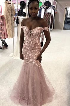 Elegant Off Shoulder Appliques Mermaid Pink Long Prom Dress cg6603