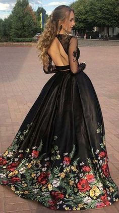Cute Prom Dress, Popular Two Pieces Long Sleeves Open Back Long Prom Dresses with Flowers cg6631