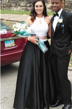 Boho Prom Dresses, Cheap A Line Satin Black With White Two Pieces Halter Prom Dresses cg6642