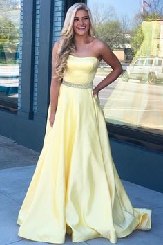 Elegant Yellow Prom Dress with Strapless, Elegant Satin Long Formal Evening Dress cg6655