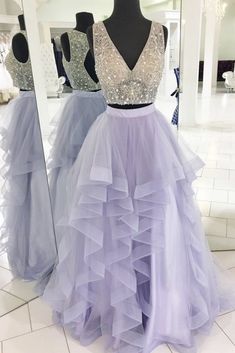 Purple two pieces beads long prom dress, purple evening dress cg6657