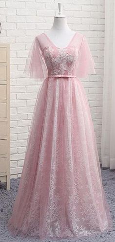 Elegant Half Sleeves A Line Lace V Neck Evening Dresses Long Prom Dresses cg6664
