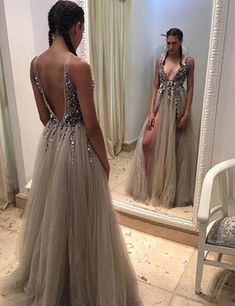 Grey Prom Dress Silver Beading, Ball Gown, Evening Dress,Birthday Party Gown, cg6681