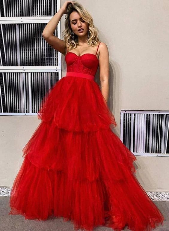 Red tulle long prom dress red evening dress cg6693