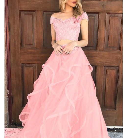 Coral Pink Tired Crop Top Prom Dress For Teens Graduation Formal Gown with Lace cg6700